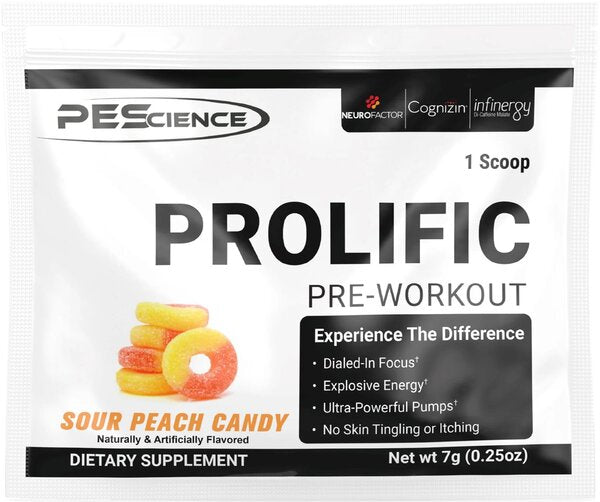 PEScience Prolific, Skābās persiku konfektes — 7 g (1 deva)