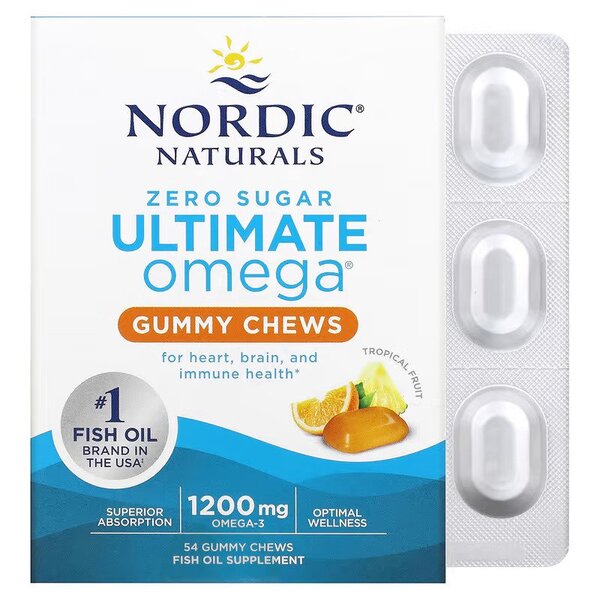 Nordic Naturals Ultimate Omega gumijas, 1200 mg ar tropu augļiem – 54 gumijas konfektes