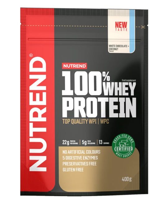 Nutrend 100% sūkalu proteīna pulveris ar baltās šokolādes un kokosriekstu garšu – 400 g