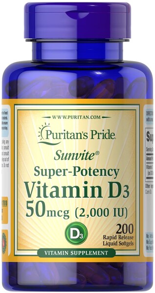 Puritan's Pride īpaši spēcīgs D3 vitamīns, 50 mcg – 200 kapsulas
