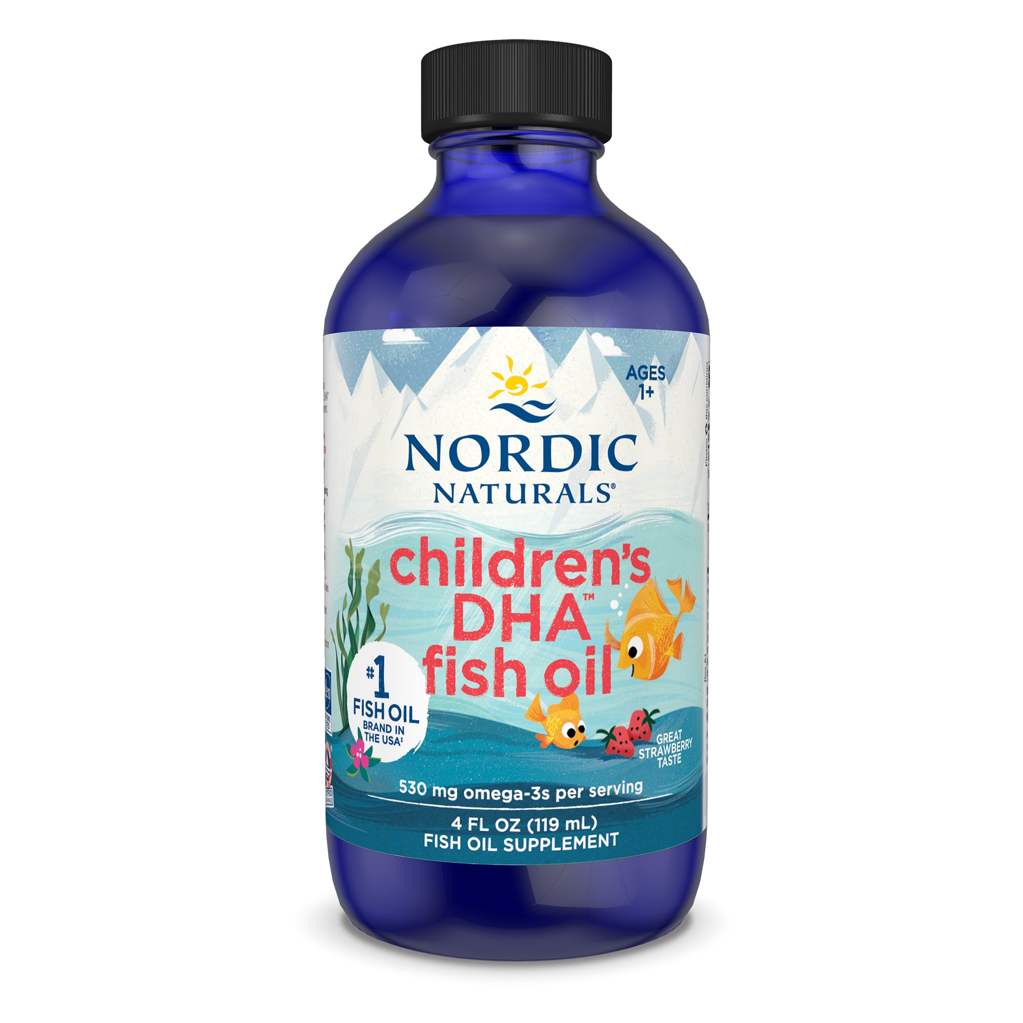 Nordic Naturals DHA bērniem, 530 mg Omega-3, zemeņu garša – 119 ml.