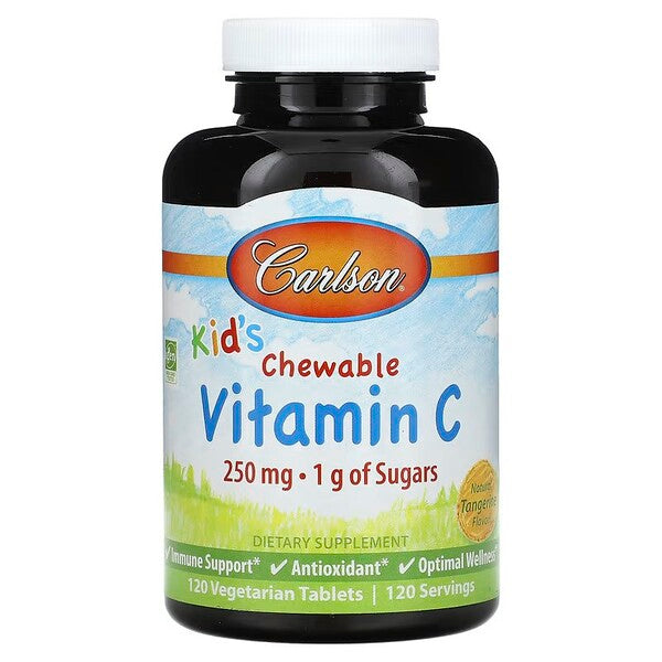 Carlson Labs bērnu košļājamās C vitamīna tabletes, 250 mg dabīgs mandarīnu aromāts – 120 veģetāras tabletes