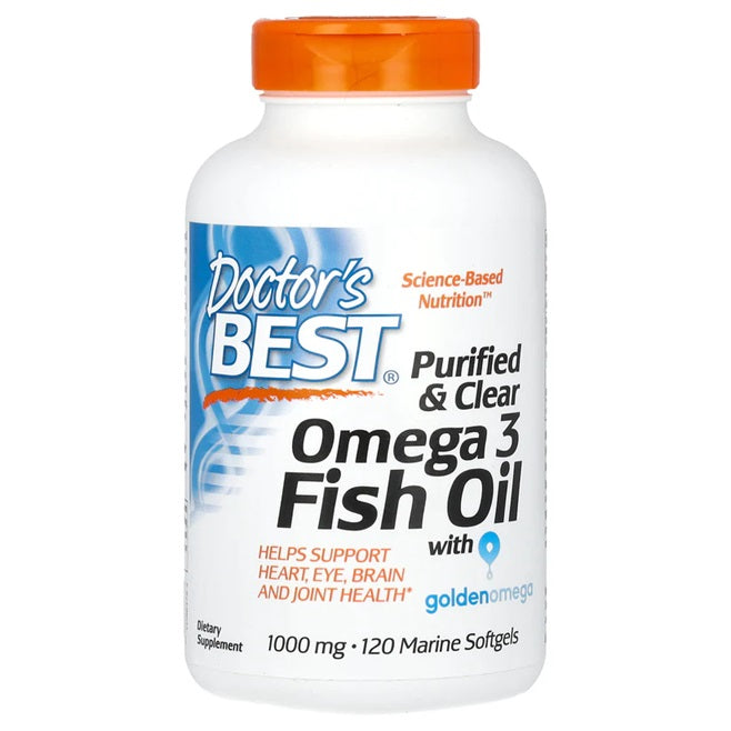 Doctor's Best attīrīta un dzidra omega-3 zivju eļļa, 1000 mg – 120 zvejniecības kapsulas