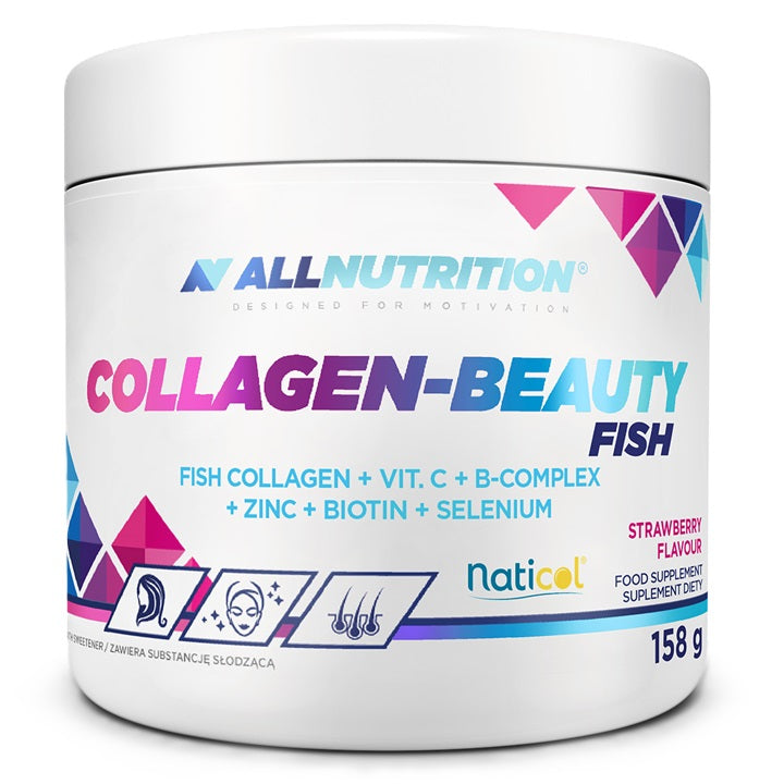 Allnutrition kolagēna aromatizētā zivju skaistuma (Beauty Fish) un zemeņu garšas dzēriens – 158 g