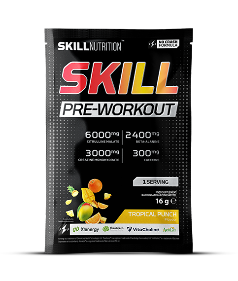 Skill Nutrition Skill pirms treniņa pulveris Tropical Punch – 16 g (1 porcija)
