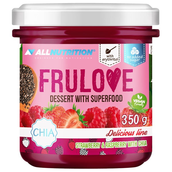 Allnutrition Frulove deserts ar superēdienu, zemenēm, avenēm un čia sēklām – 350 g