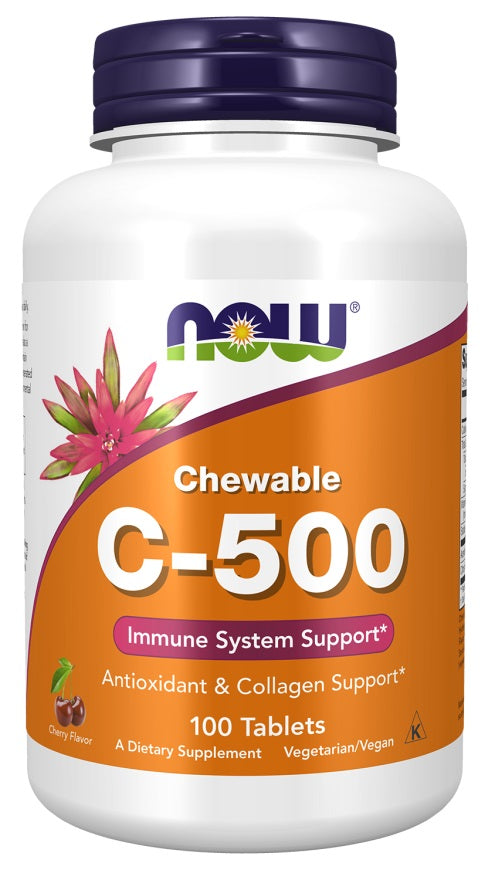 NOW Foods C vitamīns - 500 košļājamās tabletes, ķiršu garša - 100 tabletes