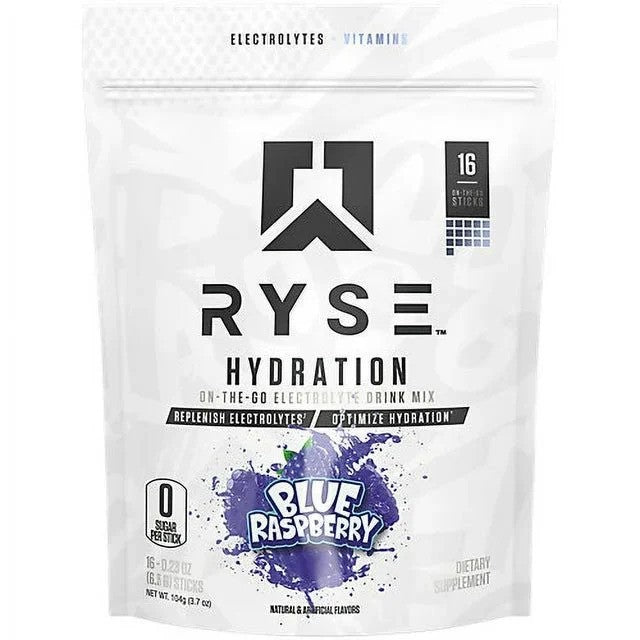 RYSE mitrinošās paciņas, zila aveņu garša - 16 x 6,5 g