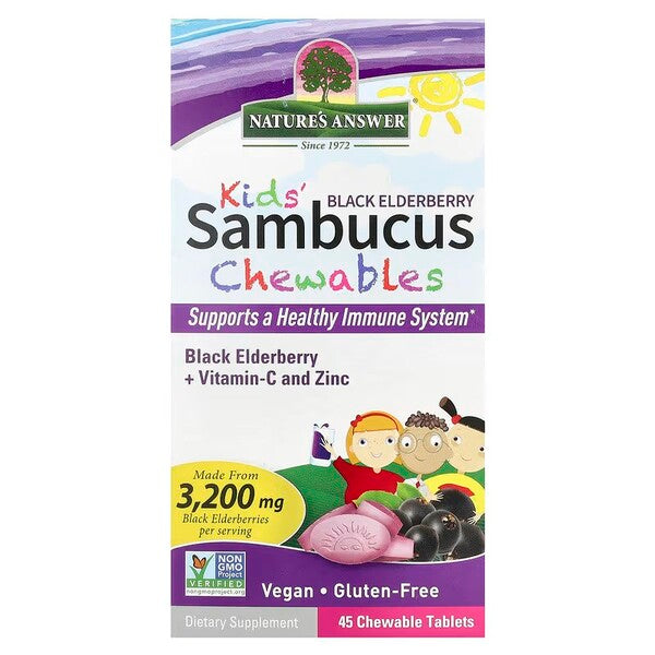 Nature's Answer Kid's Sambucus košļājamās tabletes ar melno plūškoku – 45 košļājamās tabletes