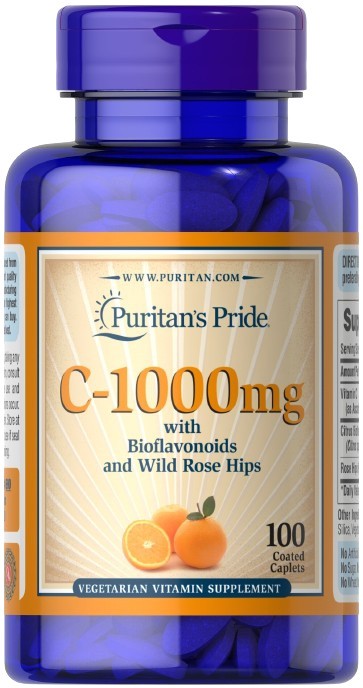 Puritan's Pride C-1000 ar bioflavonoīdiem un savvaļas mežrozīšu augļiem, 1000 mg – 100 kapsulas
