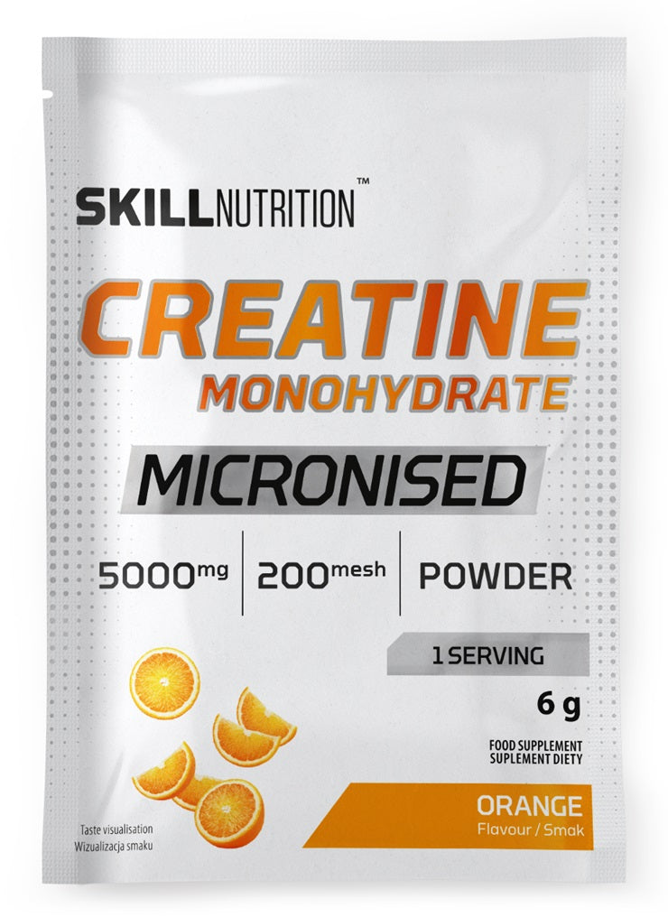 Skill Nutrition mikronizēts kreatīna monohidrāts, apelsīnu garša – 6 g (1 porcija)