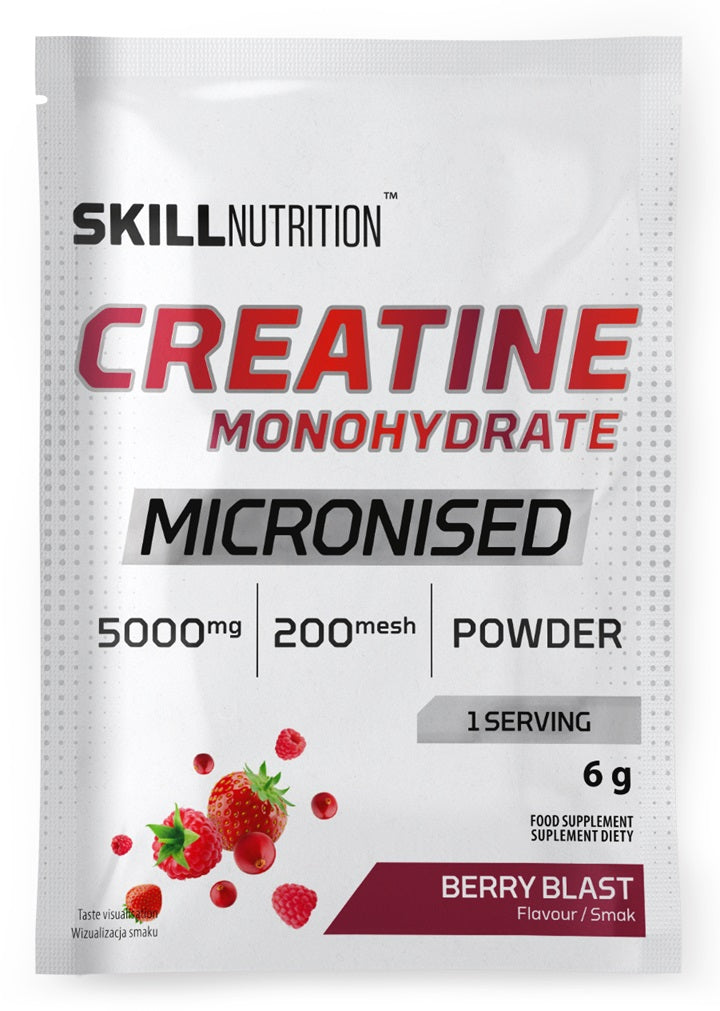 Skill Nutrition mikronizēts kreatīna monohidrāts, ogu garša – 6 g (1 porcija)
