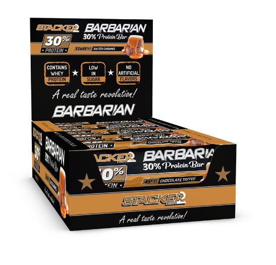 Stacker2 Europe Barbarian 30% olbaltumvielu batoniņš, šokolādes–īrisa – 12 x 45 g