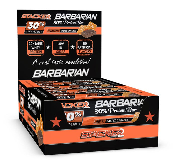 Stacker2 Europe Barbarian 30% proteīna batoniņš, sālītās karameles garša – 12 x 45 g
