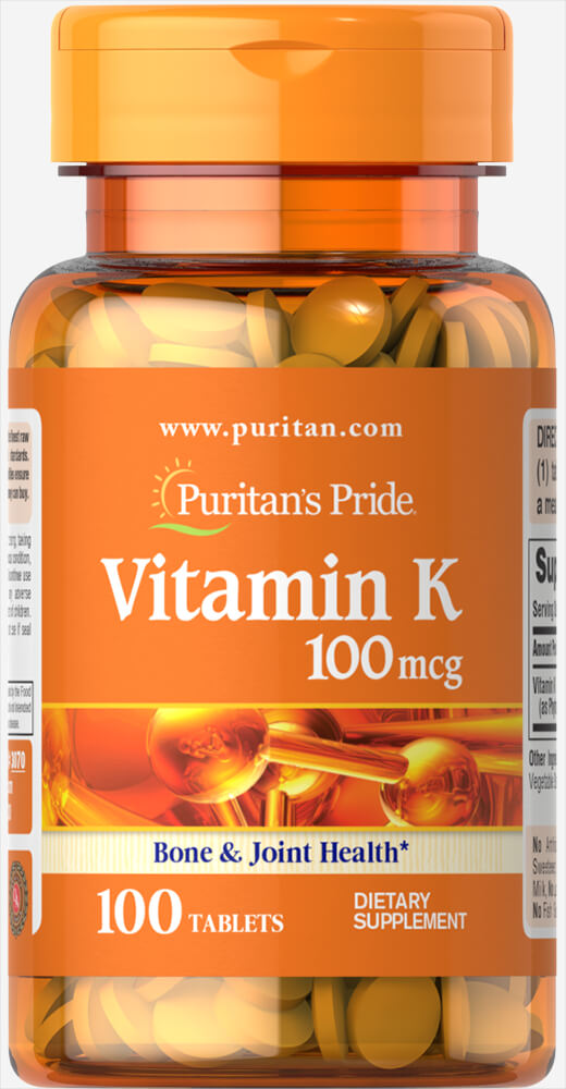 Puritan's Pride vitamīns K, 100 µg – 100 tabletes