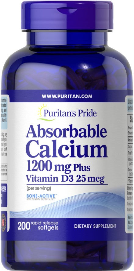 Puritan's Pride absorbējamais kalcijs + D3 vitamīns – 200 kapsulas
