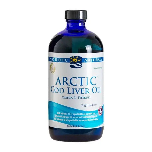 Nordic Naturals (Dānijas etiķete) arktiskās mencu aknu eļļa, 1060 mg ar apelsīnu garšu – 473 ml.