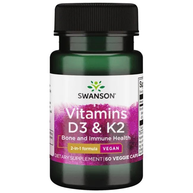 Swanson D3 un K2 vitamīni, 50 mcg un 75 mcg – 60 kapsulas