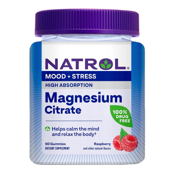 Natrol augstas uzsūktspējas magnija citrāts, aveņu garša – 60 gumijas tabletes