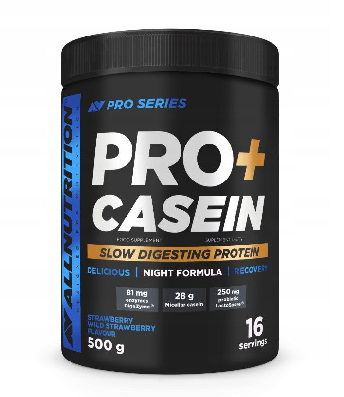 Allnutrition Pro+ kazeīns, zemeņu un meža zemeņu garša – 500 g