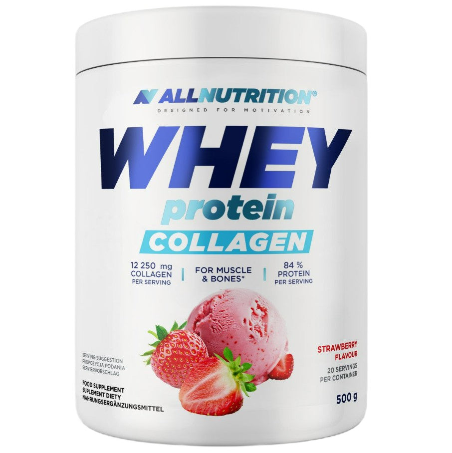 Allnutrition sūkalu proteīna kolagēns, zemeņu garša – 500 g