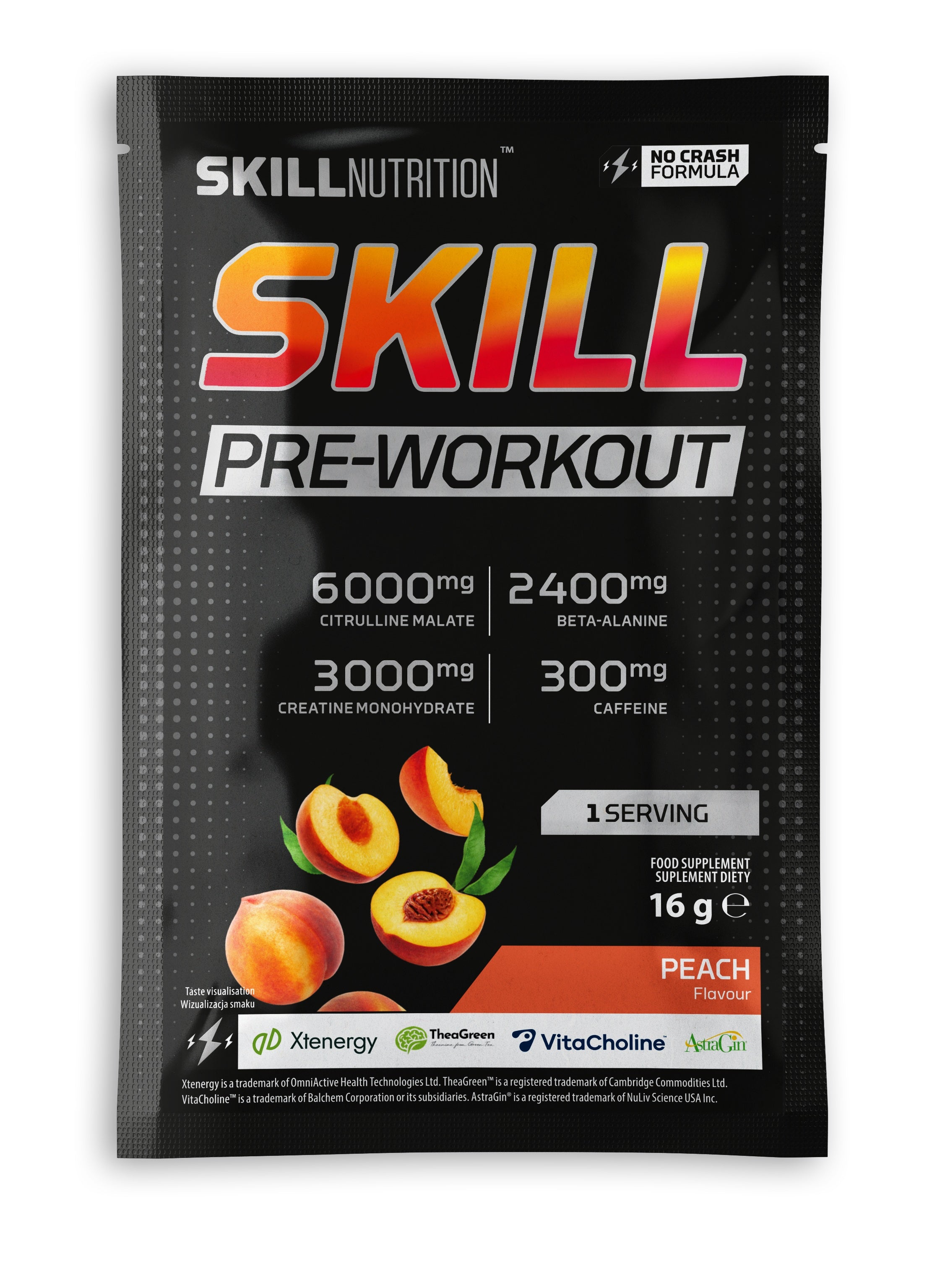 Skill Nutrition Skill pirms treniņa, persiku garša – 16 g (1 porcija)