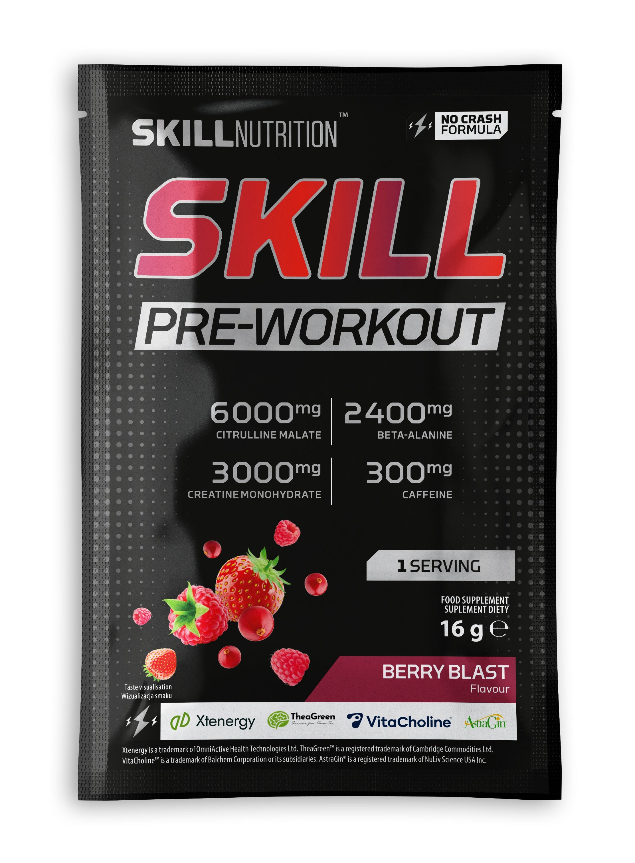 Skill Nutrition Skill pirms treniņa, ogu garšas pastiprinātājs – 16 g (1 porcija)
