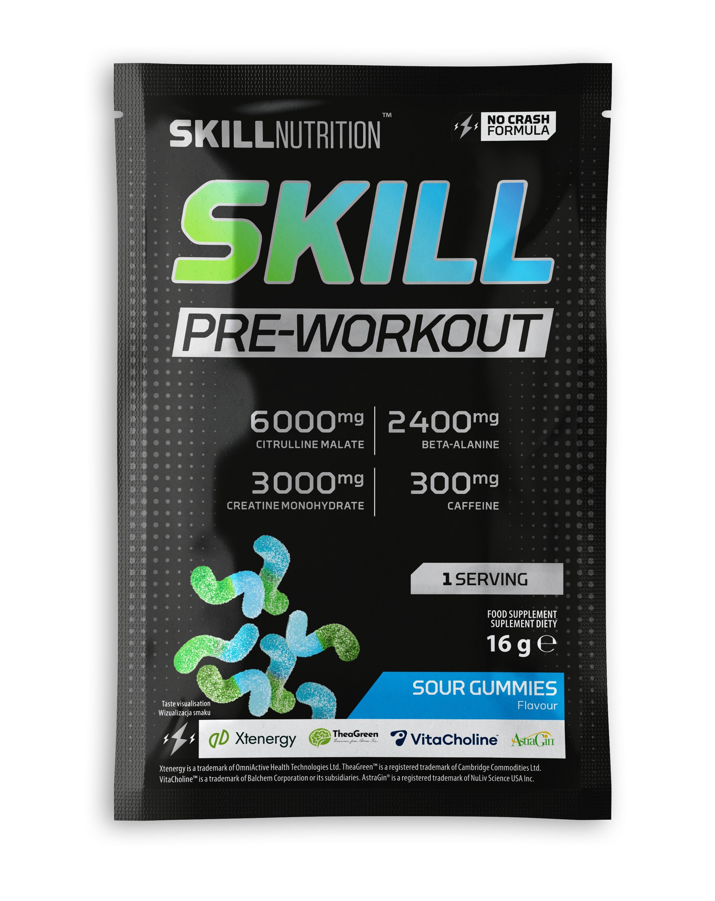 Skill Nutrition Skill skābas gumijas konfektes pirms treniņas – 16 g (1 porcija)