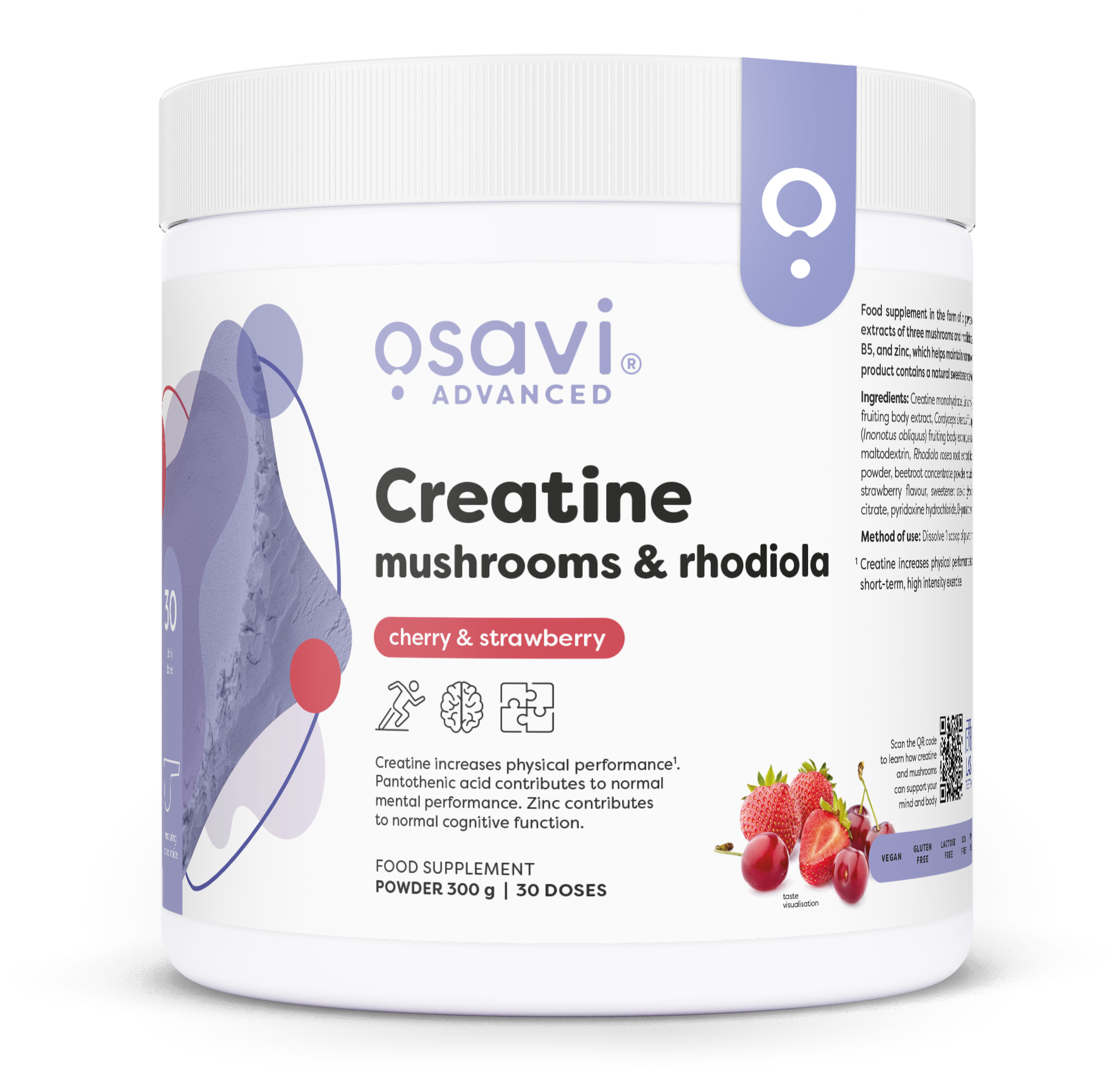 Produkto nuotrauka: Osavi Creatine, Mushrooms & Rhodiola, vyšnia & braškė - 300 g