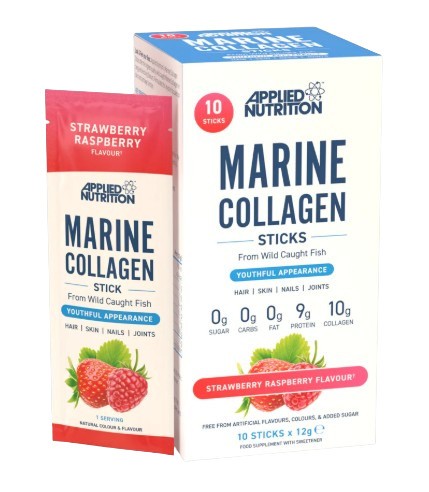 Applied Nutrition jūras kolagēna nūjiņas, zemeņu un aveņu garša – 10 x 12 g