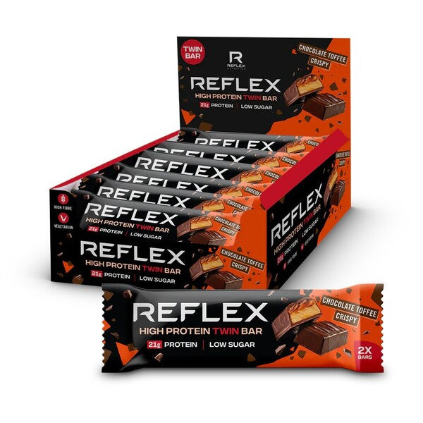 Reflex Nutrition augsta olbaltumvielu dubultais batoniņš, šokolādes un karameļu garšas kraukšķīgais – 12 x 60 g