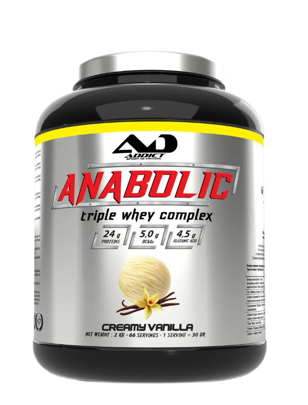 Addict Sport Nutrition anaboliskais trīskāršais sūkalu komplekss, krēmveida vaniļas garša – 2000 g