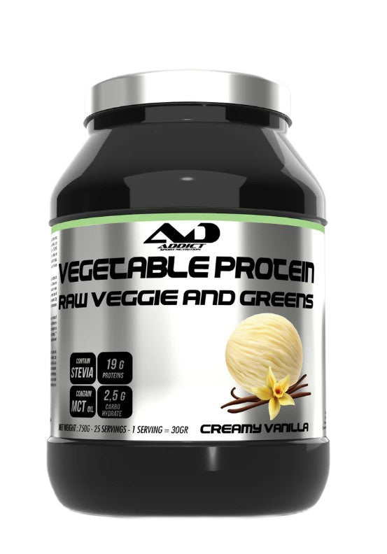 Addict Sport Nutrition dārzeņu proteīna pulveris, zaļie dārzeņi un lapu zaļumi, krēmīgas vaniļas garša – 750 g