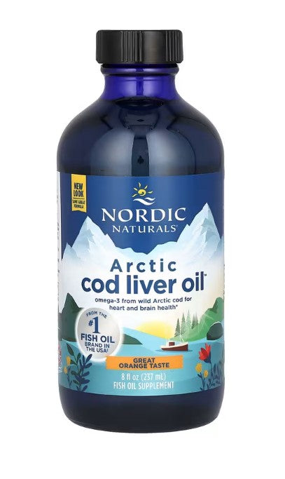 Nordic Naturals arktiskā mencu aknu eļļa, 1060 mg ar apelsīnu garšu – 237 ml.
