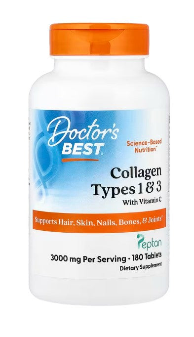 Doctor's Best 1. un 3. tipa kolagēns ar Peptan un C vitamīnu, 3000 mg – 180 tabletes
