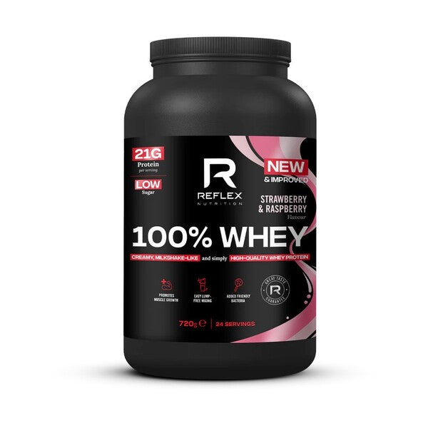 Reflex Nutrition 100% sūkalas, zemeņu un aveņu garša – 720 g