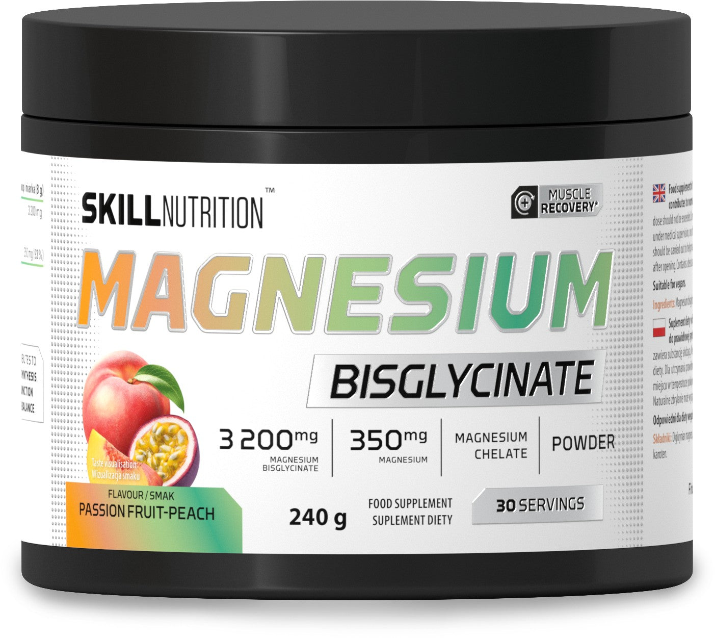 Skill Nutrition magnija bisglicināta pulveris, pasifloru augļu un persiku garša – 240 g