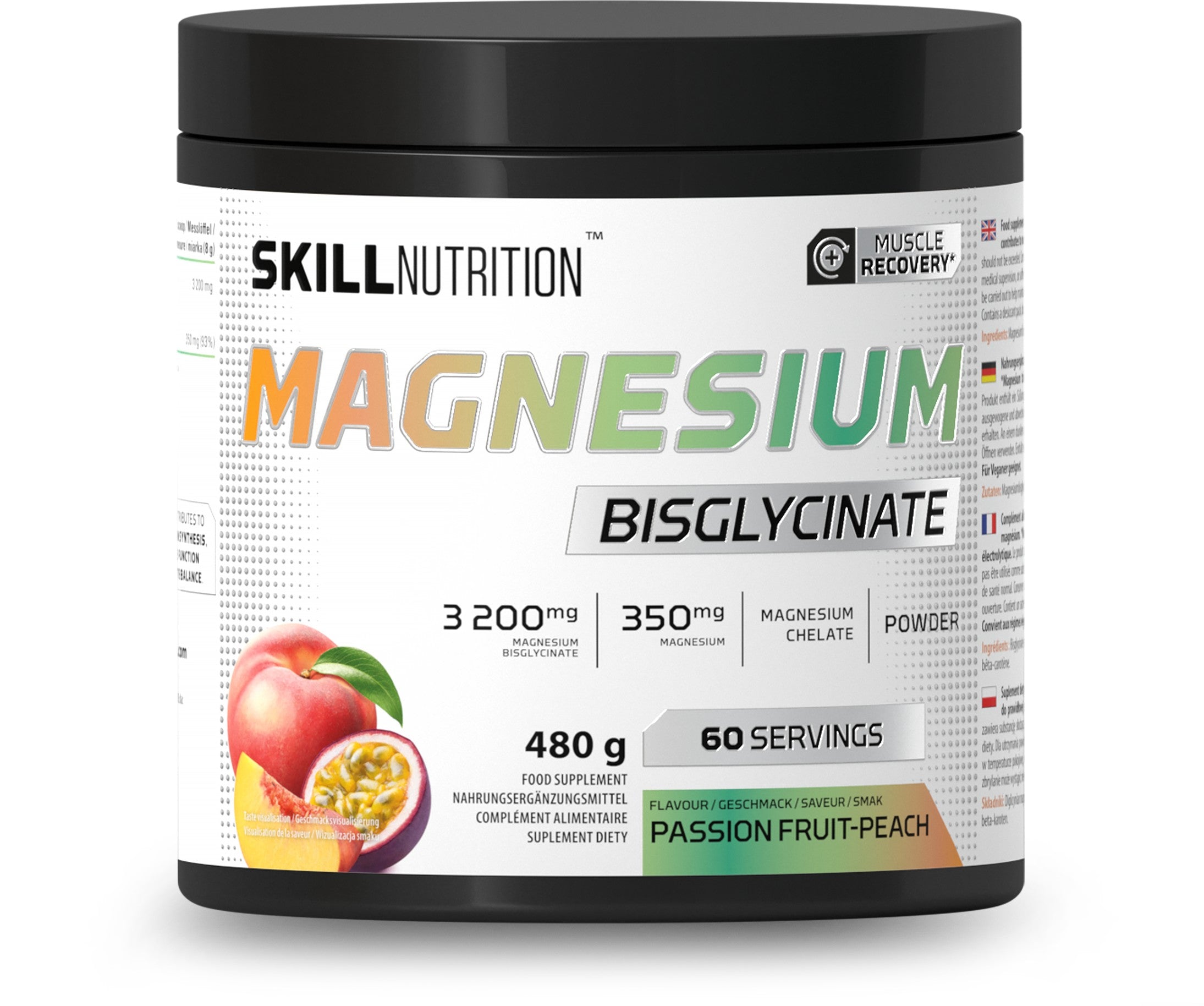 Skill Nutrition magnija bisglicināta pulveris, pasifloru un persiku garša – 480 g