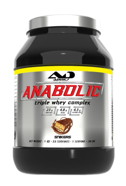 Addict Sport Nutrition anaboliskais trīskāršais sūkalu komplekss, Snickers – 1000 g