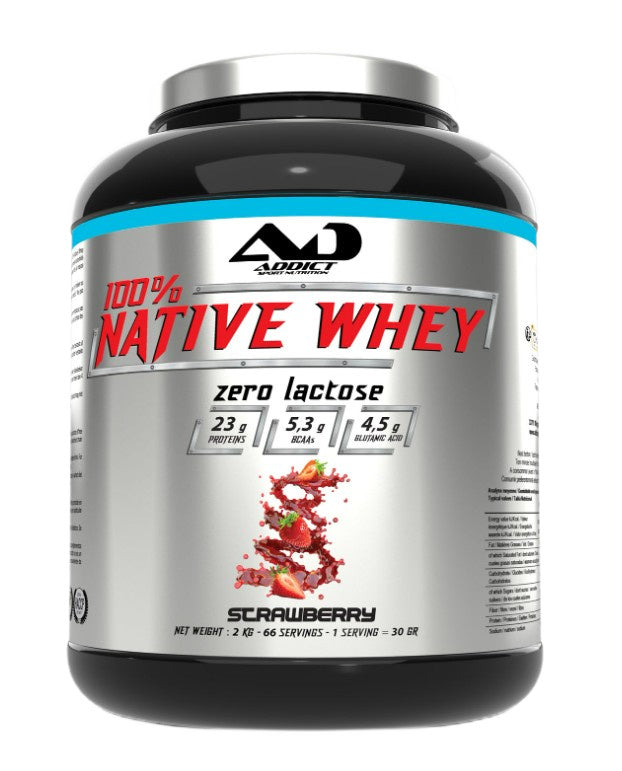 Addict Sport Nutrition 100% dabīgs sūkalu proteīns bez laktozes, zemeņu garša – 2000 g