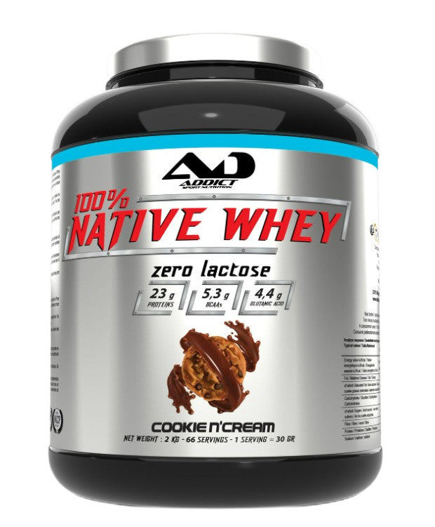 Addict Sport Nutrition 100 % dabīgās sūkalu olbaltumvielas bez laktozes, ar cepumu un krējuma garšu – 2000 g