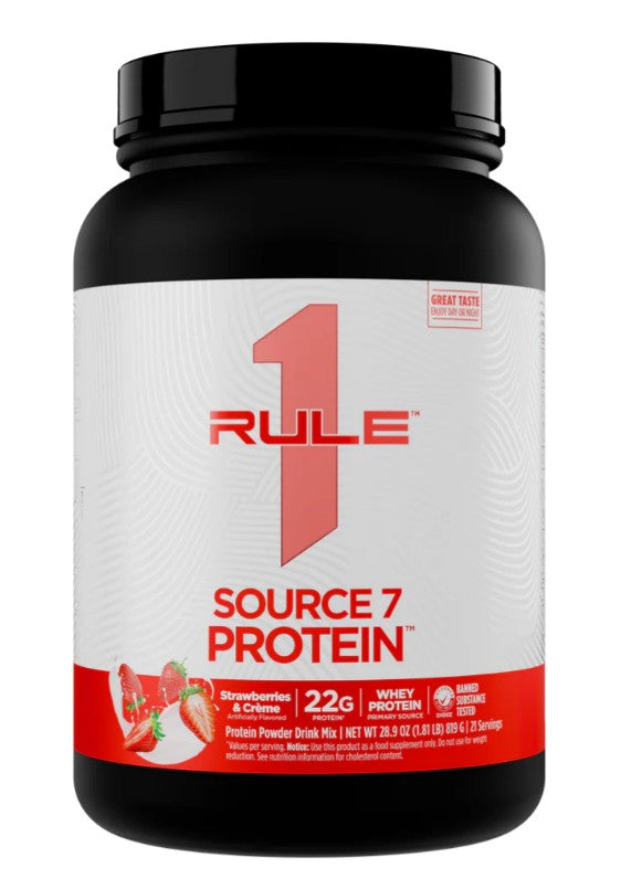 Rule One Source7 olbaltumvielas, zemenes un krēms – 819 g