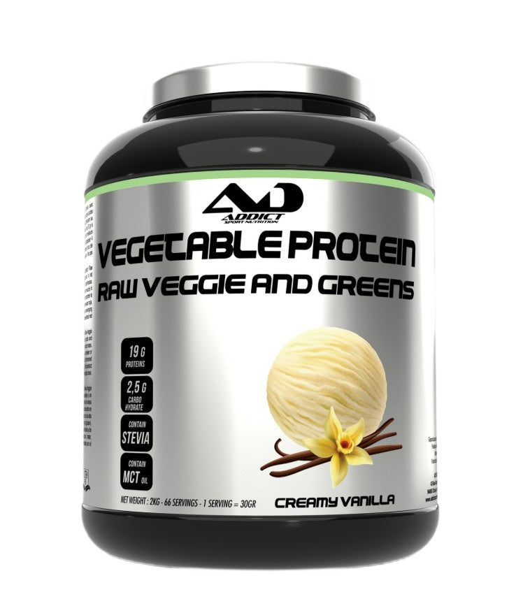 Addict Sport Nutrition dārzeņu proteīna pulveris, zaļie dārzeņi un lapu dārzeņi, krēmīgā vaniļas garša – 2000 g
