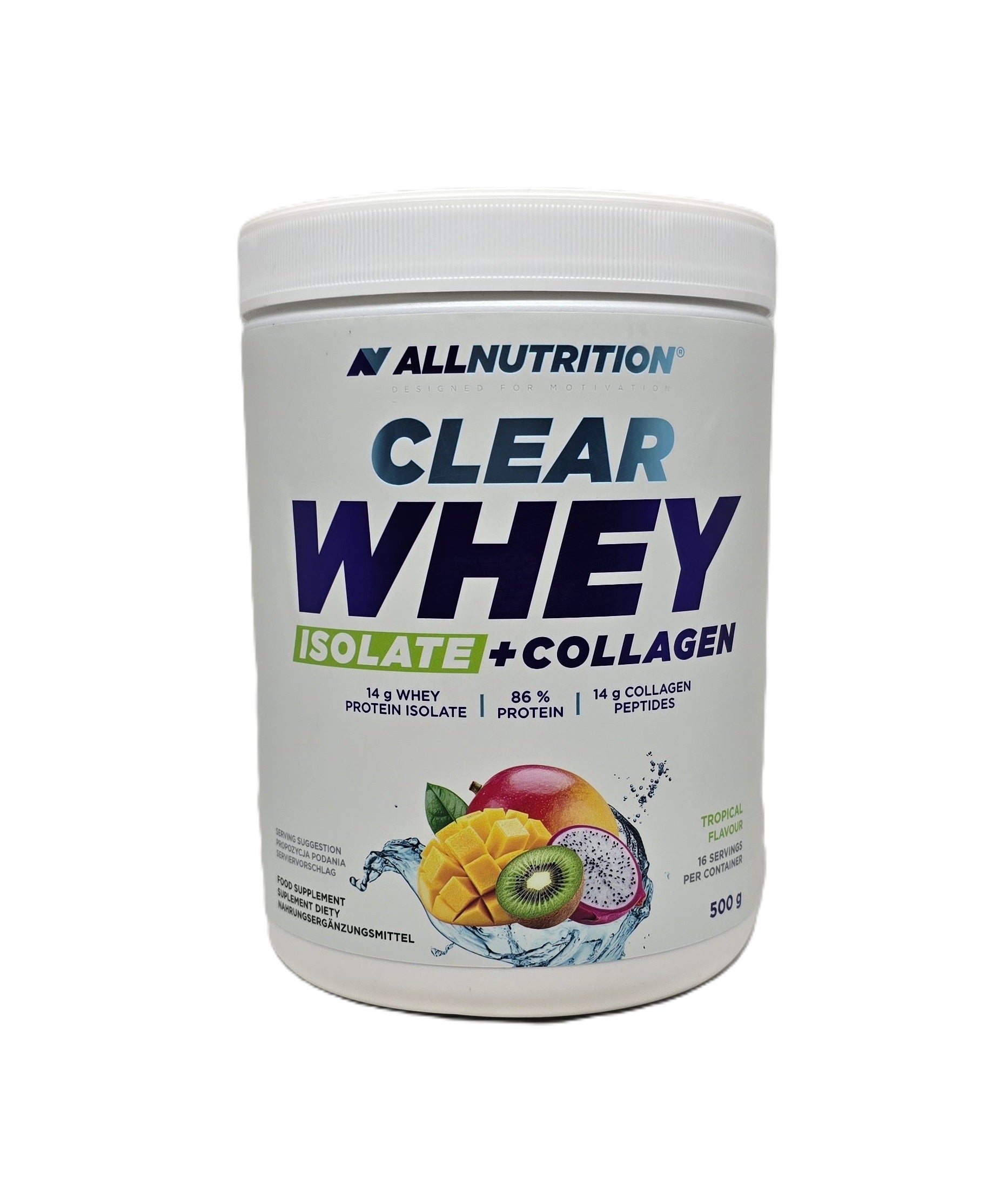 Allnutrition caurspīdīgs sūkalu izolāts + kolagēns, tropiskais – 500 g