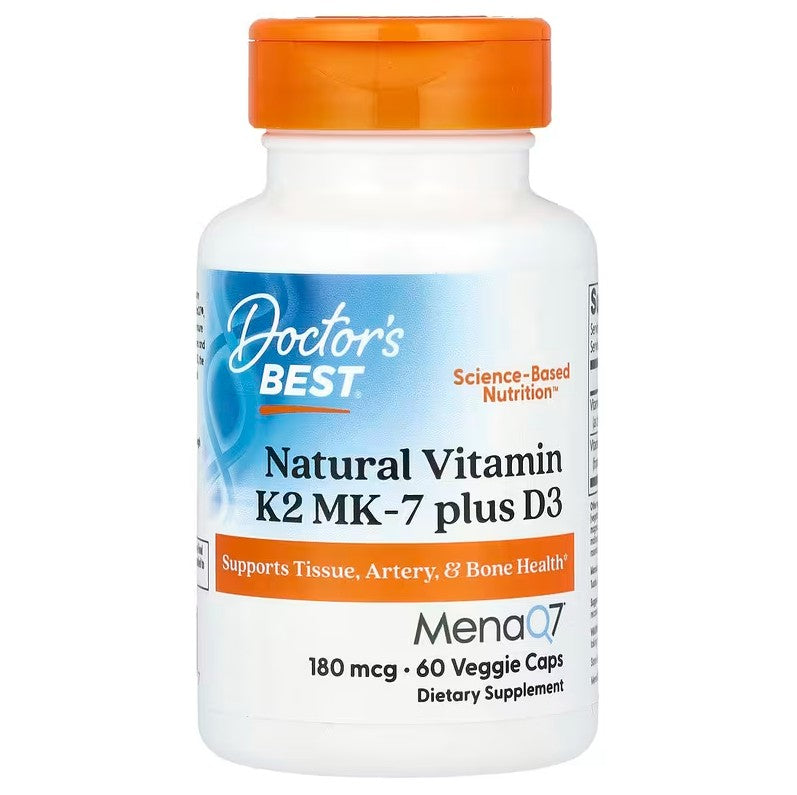 Doctor's Best dabīgais K2 MK7 vitamīns ar MenaQ7 un D3, 180 mcg – 60 kapsulas