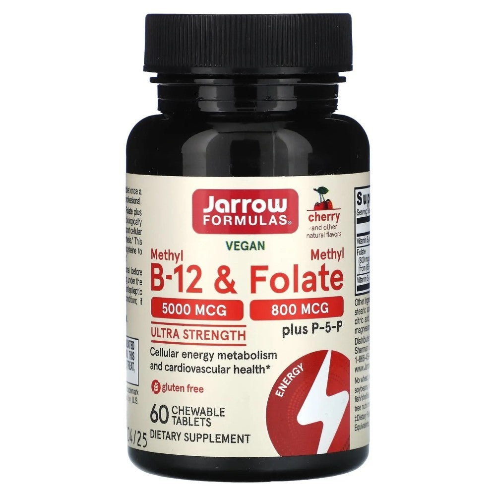 Jarrow Formulas metil-B12 5000 µg un metilfolāts 800 µg, ķiršu garša – 60 košļājamās tabletes