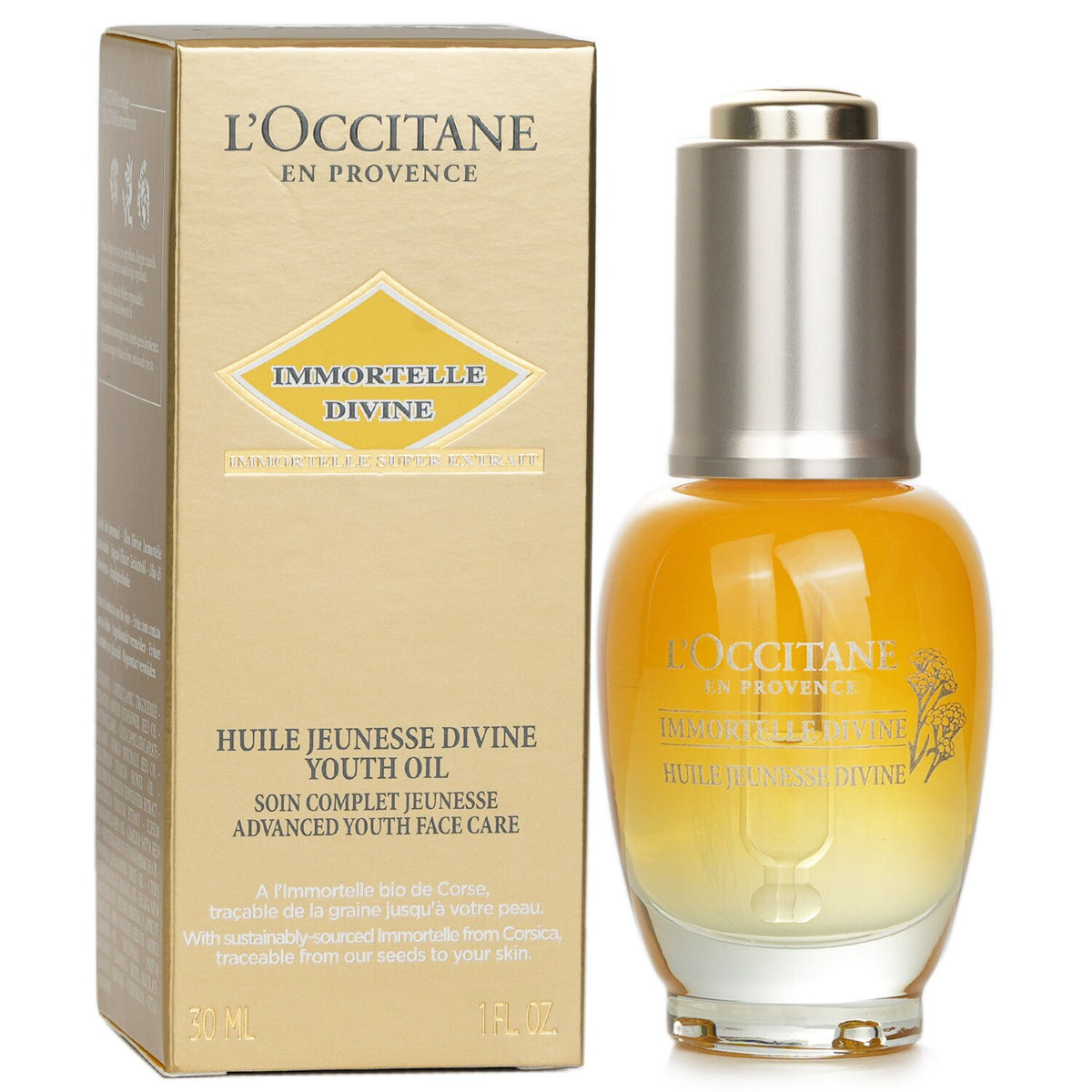 L'Occitane en Provence, Immortelle Divine pretnovecošanās eļļa sejai, kaklam un dekoltē zonai, 30 ml