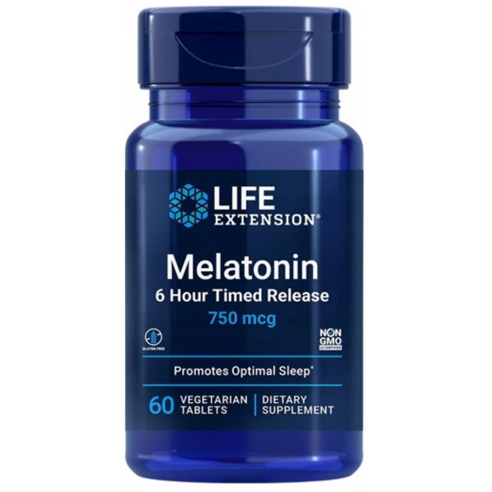 LIFE EXTENSION melatonīns, 6 stundu iedarbība, 750 mikrogrami – 60 tabletes