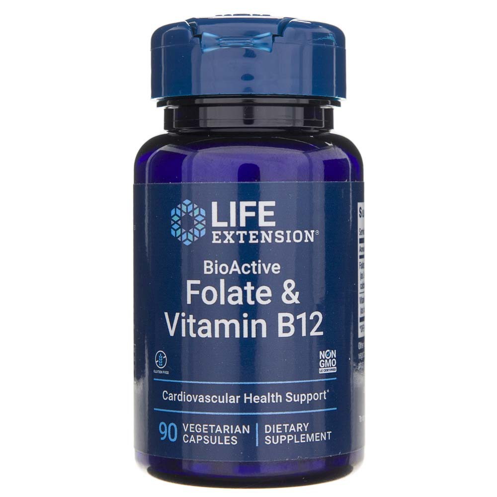 LIFE EXTENSION bioaktīvie folāti un B12 vitamīns – 90 kapsulas