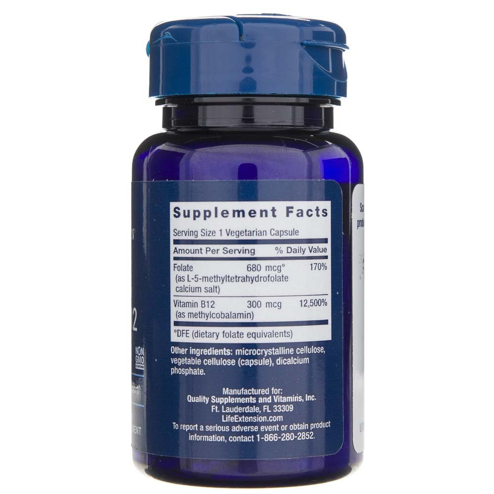 LIFE EXTENSION bioaktīvie folāti un B12 vitamīns – 90 kapsulas